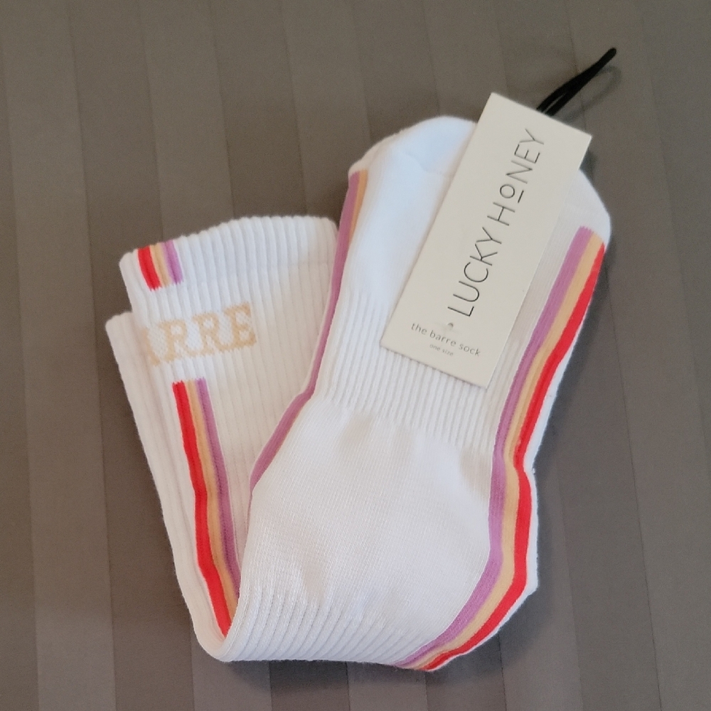 Lucky Honey Barre Grip Socks White with Multicolor Stripes - Retro Style
